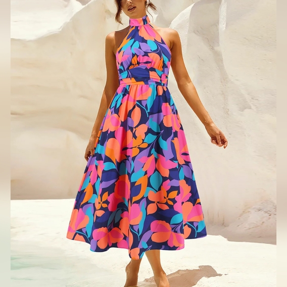 Floral Halter Neck Dress - Multicolor - Picture 2 of 7